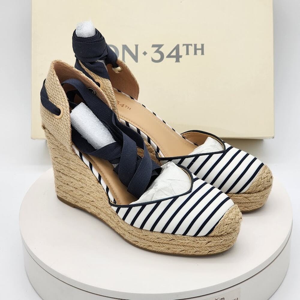 On 34th Melinda Navy White Stripe Lace-Up Espadrille Wedges Women’s Size 9